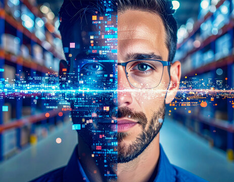 Close-up of male professional with digital data overlay in logistics environment