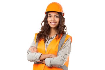 Confident Woman in Orange Hard Hat and Vest stands arms crossed, promoting safety or construction-related projects. Isolated photo.