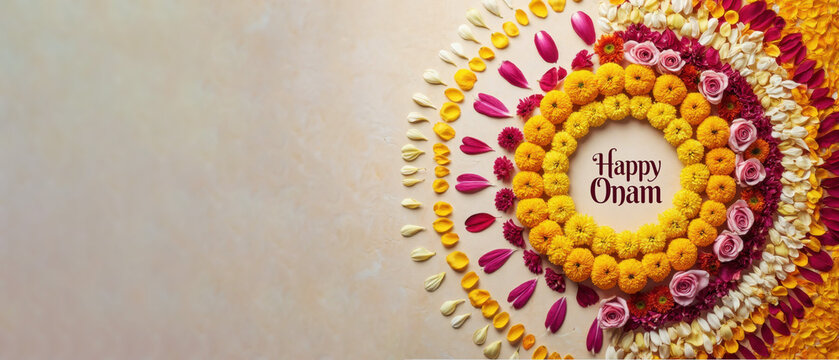 Happy Onam banner, floral pookalam design, festive greeting layout, traditional Kerala decoration, harvest celebration background, colorful flower arrangement, copy space - Powered by Adobe