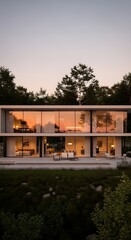Obraz premium Minimalist modern house in nature, large glass windows, warm sunset