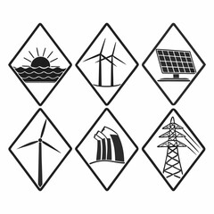 Renewable energy sources isolated on white background featuring sun, wind turbines, solar panels, hydro dam, and power transmission tower in diamond shapes
