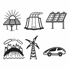 Illustration of renewable energy sources and pollution sources, isolated on white background, showcasing the contrast between clean and dirty energy