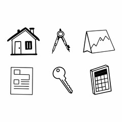 Illustration of house, key, calculator, compass, document, and mountain icons isolated on white background for creative projects