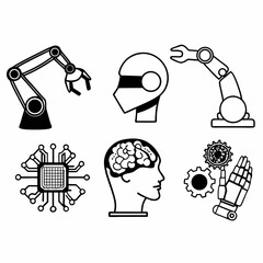 Illustration of robot arm, head, chip, brain, gear, and hand isolated on white background