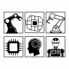 Robots, computer chips, and human brain with gear representing artificial intelligence and automation isolated on white background