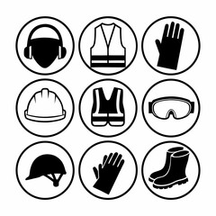 Safety equipment icons set protective gear, including helmet, gloves, vest, earmuffs, boots, and glasses isolated on white background