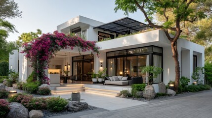 Fototapeta premium A modern white house with solar panels, basking in bright daylight, symbolizing sustainable energy and innovation.