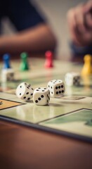 Close-up of dice and game pieces on a board game : board games with friends