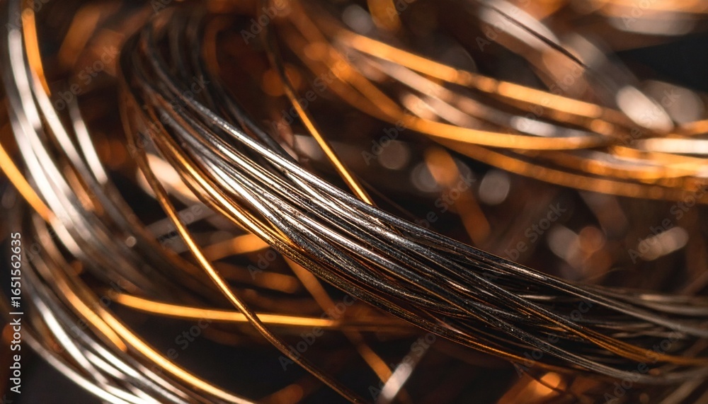 Poster an intricate array of silver and golden wires are tightly coiled together, displaying texture and sh