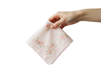 Delicate hand holding vintage floral handkerchief indoor setting elegant aesthetic isolated on transparent background