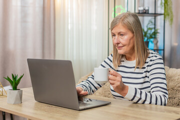 Mature woman working from home on laptop, writing report or replying to emails. Grandmother sitting...