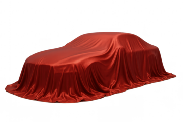 Red silk cloth covering a new car presentation with transparent background
