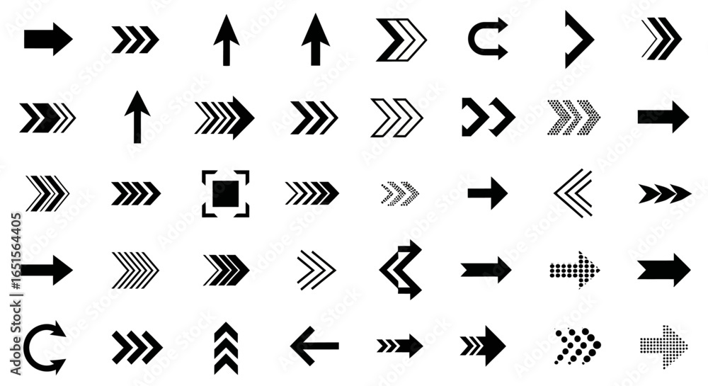 Poster a black vector set of arrow icons for web design buttons, pointers, and directional symbols