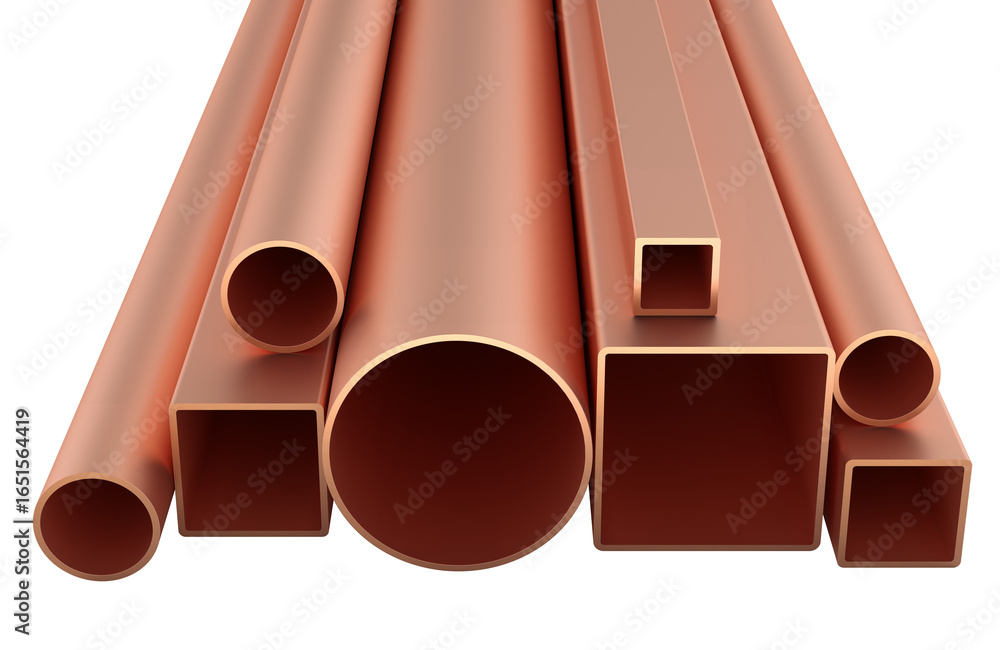 Poster copper pipes and profiles, round and square sections. 3d rendering