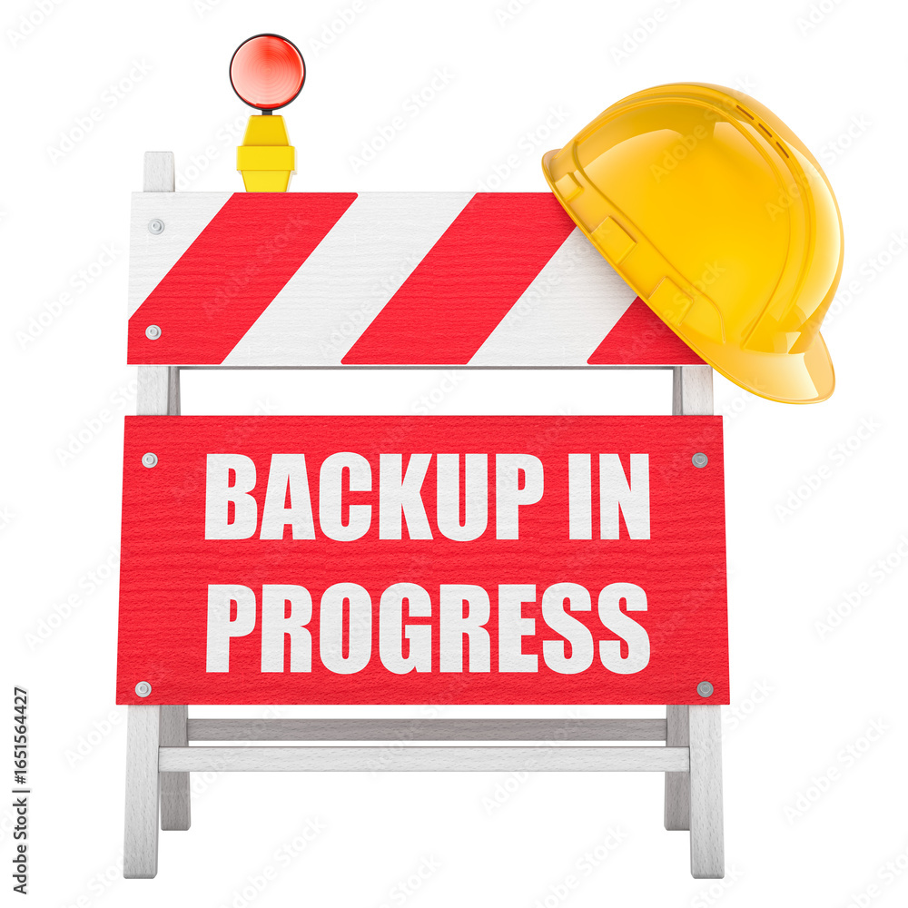 Poster backup in progress sign with barrier and helmet. 3d rendering