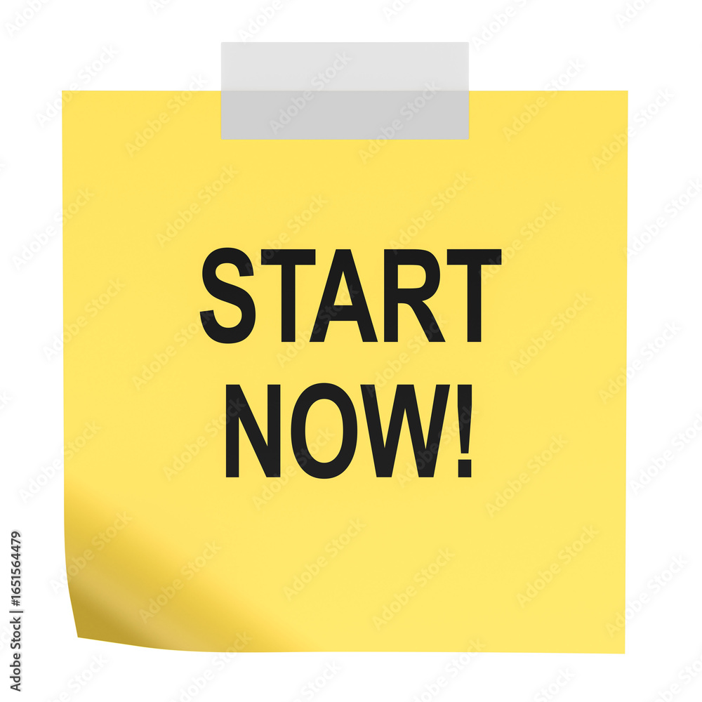 Poster start now, yellow sticky note. 3d rendering