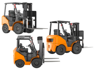 Forklift truck, industrial lifting vehicle, from different angles. 3D rendering