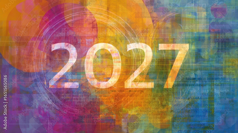 Poster colorful abstract design featuring the year 2027 showcasing vibrant hues and dynamic shapes in a mod