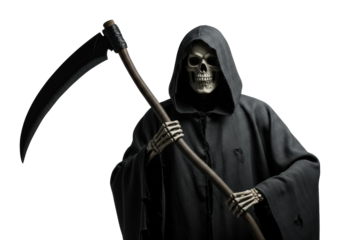 Deathly figure holding scythe character depiction dramatic lighting eerie atmosphere isolated on transparent background