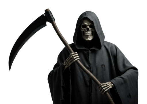 Deathly figure holding scythe character depiction dramatic lighting eerie atmosphere isolated on transparent background