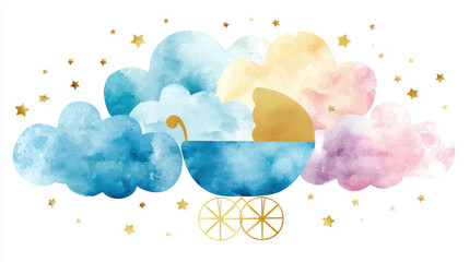 Obraz premium A whimsical watercolor illustration of a baby carriage surrounded by fluffy clouds and stars, evoking a dreamy and magical atmosphere.