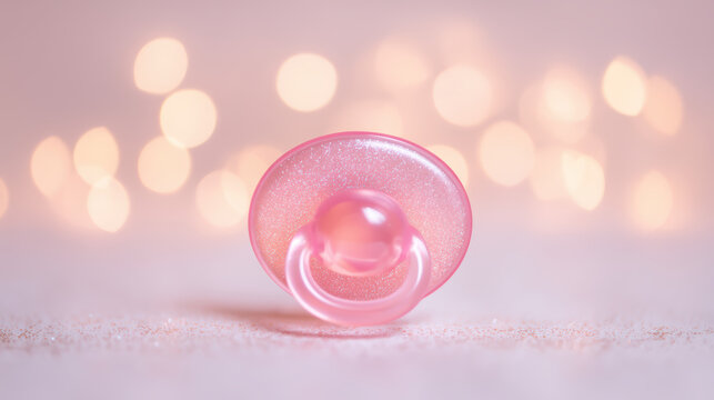 A shiny pink pacifier sits on a soft surface, surrounded by softly blurred, warm lights, creating a dreamy, soothing atmosphere.