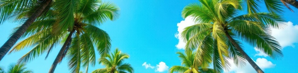 Vibrant blue sky, lush green palm trees swaying gently ,  sunshine,  element