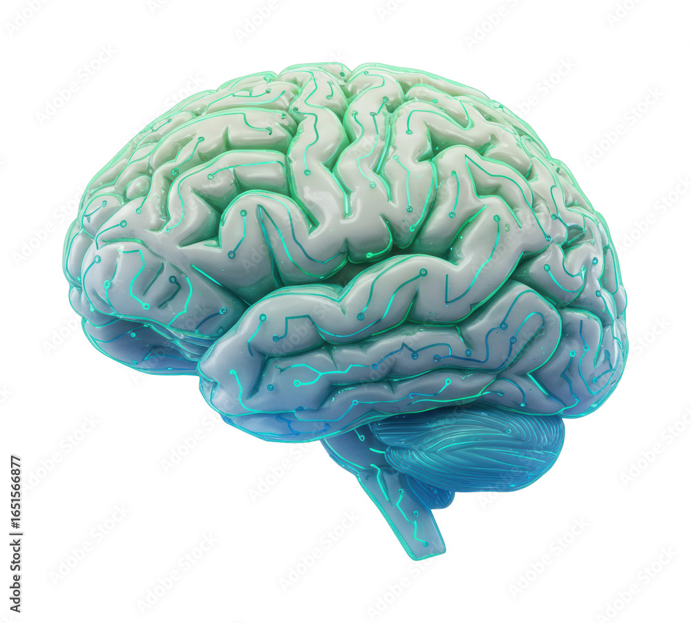 Poster exploring brain functionality 3d render scientific visualization abstract perspective isolated on tr