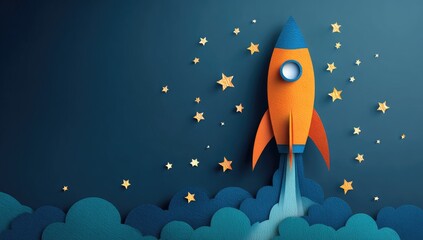 Paper rocket ship launching into night sky