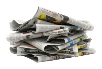 Newspapers piled high in an urban environment print media collection for editorial use isolated on transparent background