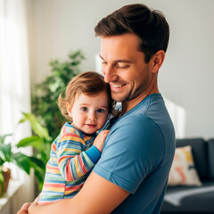 Fototapeta premium A father holds a son on his lap with a smile of satisfaction