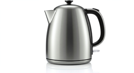 A modern stainless steel electric kettle shown isolated on a white background. A convenient and stylish kitchen appliance for quickly boiling water for coffee or tea.