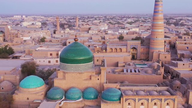 Aerial view of the ancient islamic city of khiva, uzbekistan, with its historic architecture