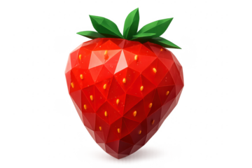 Red polygonal strawberry isolated on transparent background with green leaves