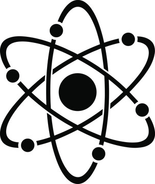 Atom silhouette, black and white science icon, atomic structure symbol, nuclear model vector, chemistry and physics illustration, particle orbit graphic, educational science design