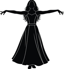 Naklejka premium Silhouette of person in long flowing dress with arms outstretched, minimalist black vector illustration for fashion, elegance, performance, and costume design themes
