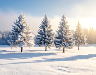 Snowy Pines Sunrise Winter Landscape.