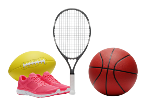 Exciting sports equipment showcase tennis racket football and basketball in a dynamic setting isolated on transparent background