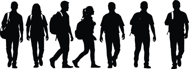 Six people walking with backpacks silhouette, students, commuters, and travelers in various walking poses, daily routine and journey concept vector graphic illustration