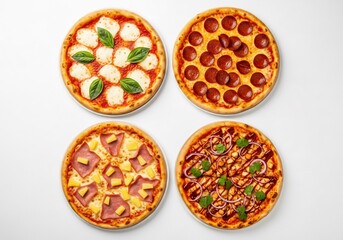 Four different pizzas isolated on white background, top view