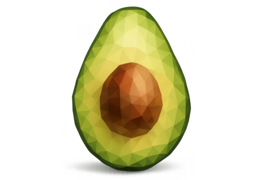 Polygonal avocado cut in half showing seed on transparent background