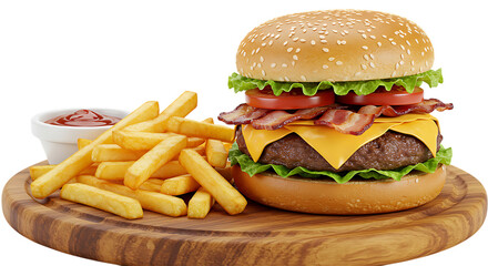 Delicious bacon cheeseburger with crispy french fries and dipping sauce isolated on transparent background