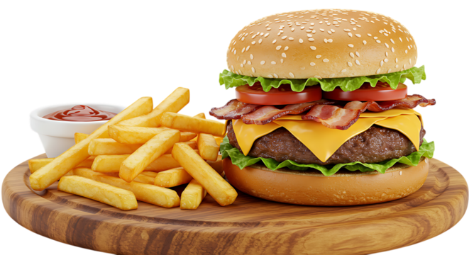 Delicious bacon cheeseburger with crispy french fries and dipping sauce isolated on transparent background