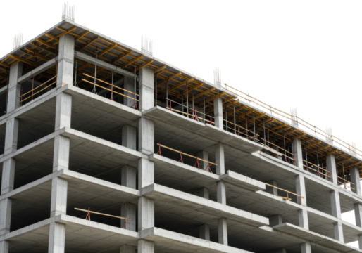 Construction progress of a building urban location architectural industrial environment low angle structural development isolated on transparent background