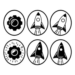 Set of black and white icons featuring gears and rockets in circles, isolated on white background, representing business and technology concepts