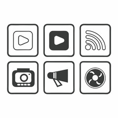 Collection of media and technology icons isolated on white background, representing various forms of digital communication and entertainment