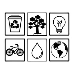 Eco and environmental icons isolated on white background, representing recycling, nature, and sustainable practices for a greener planet