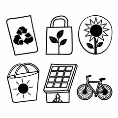 Ecofriendly icons isolated on white background, showcasing renewable energy sources and sustainable practices for a greener future