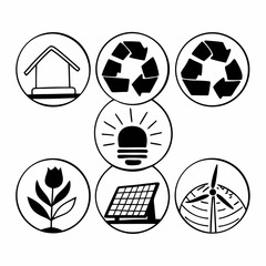 Collection of ecology and environment icons in a minimalist hand drawn style, isolated on white background renewable energy and recycling symbols