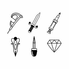 Collection of fantasy weapons and gems in a minimalist hand drawn style, isolated on white background daggers, swords and diamonds icons